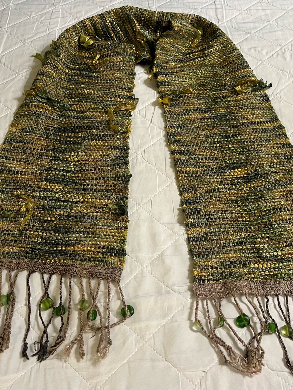 Judy Foster Phases of the Mon Handwoven Green Yellow Silk Scarf